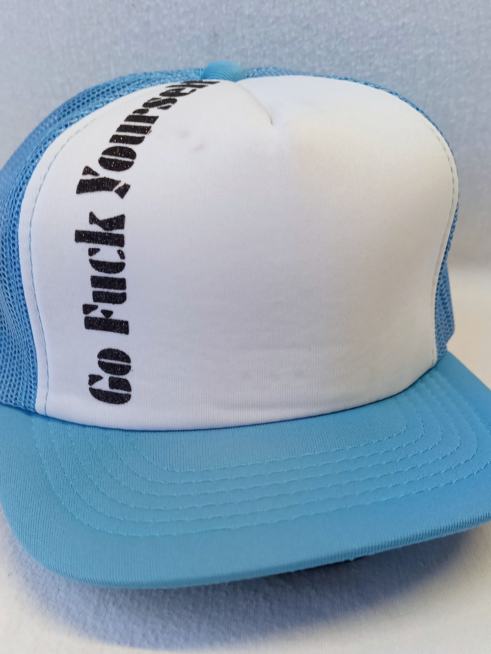 Light Blue and White Trucker Hat With Black Glitter Lettering - By A.J.M.